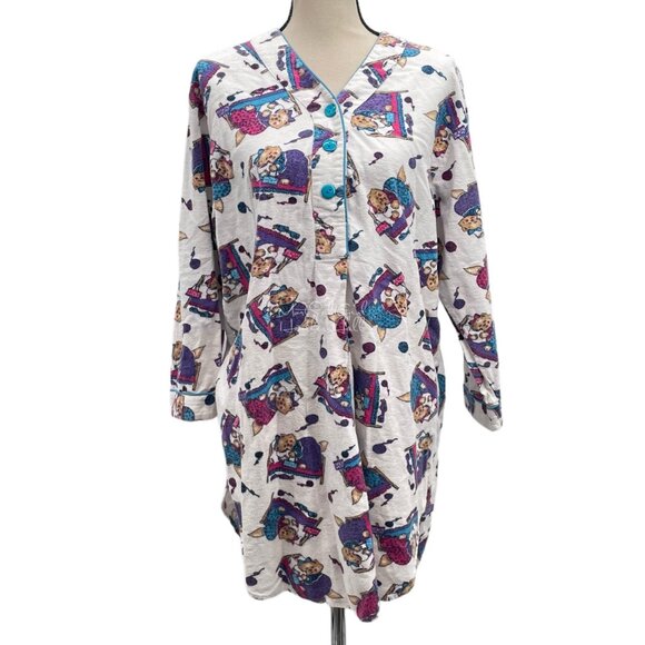 Night Gear Sleepwear Vintage 80's All Over Sleepy Cats Varsity Shirt Nightgown - Picture 2 of 8
